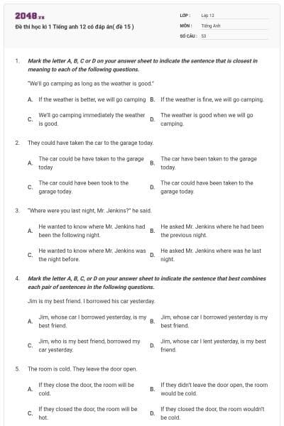 Đề thi học kì 1 Tiếng anh 12 có đáp án( đề 15 )