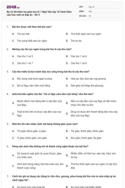Bộ 22 đề kiểm tra giữa học kì 1 Ngữ Văn lớp 10 Cánh Diều cấu trúc mới có đáp án - Đề 4
