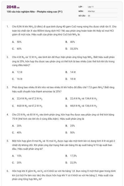 100 câu trắc nghiệm Nito - Photpho nâng cao (P1)