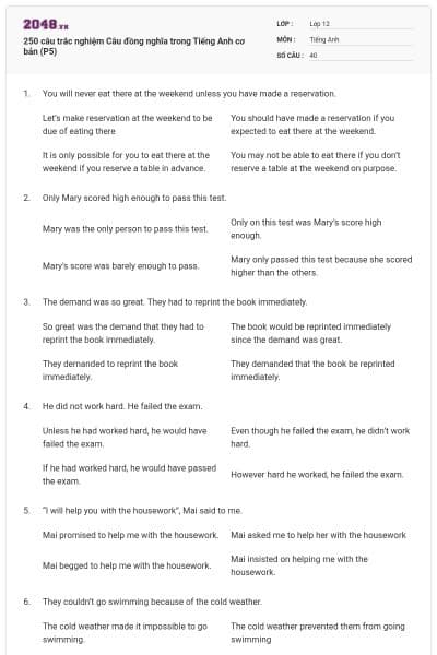 250 câu trắc nghiệm Câu đồng nghĩa trong Tiếng Anh cơ bản (P5)