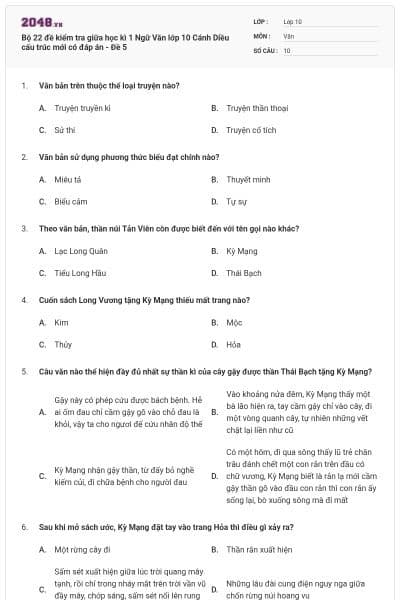 Bộ 22 đề kiểm tra giữa học kì 1 Ngữ Văn lớp 10 Cánh Diều cấu trúc mới có đáp án - Đề 5