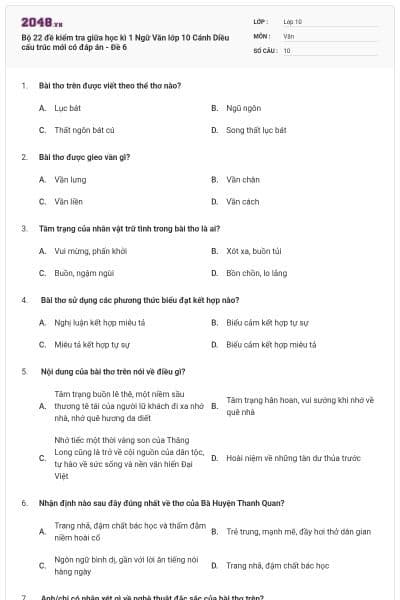 Bộ 22 đề kiểm tra giữa học kì 1 Ngữ Văn lớp 10 Cánh Diều cấu trúc mới có đáp án - Đề 6