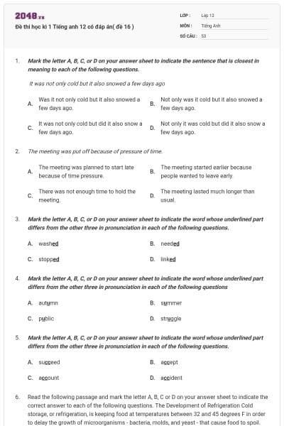 Đề thi học kì 1 Tiếng anh 12 có đáp án( đề 16 )