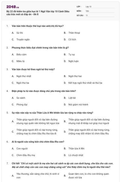 Bộ 22 đề kiểm tra giữa học kì 1 Ngữ Văn lớp 10 Cánh Diều cấu trúc mới có đáp án - Đề 8