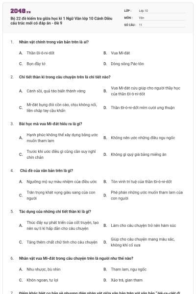 Bộ 22 đề kiểm tra giữa học kì 1 Ngữ Văn lớp 10 Cánh Diều cấu trúc mới có đáp án - Đề 9