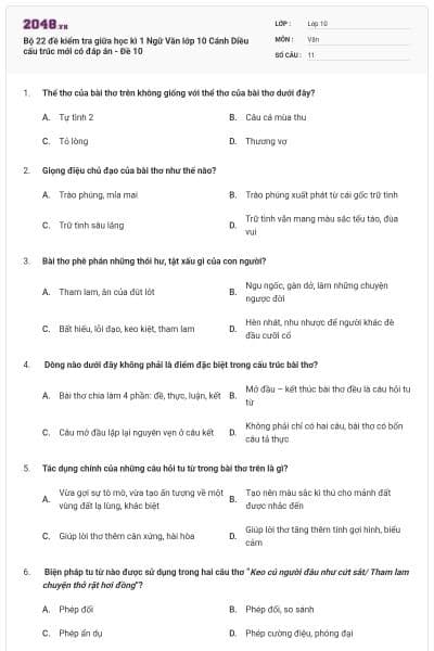 Bộ 22 đề kiểm tra giữa học kì 1 Ngữ Văn lớp 10 Cánh Diều cấu trúc mới có đáp án - Đề 10