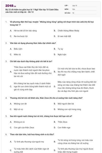 Bộ 22 đề kiểm tra giữa học kì 1 Ngữ Văn lớp 10 Cánh Diều cấu trúc mới có đáp án - Đề 12
