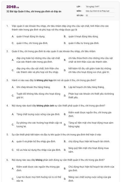 32 Bài tập Quản lí thu, chi trong gia đình có đáp án
