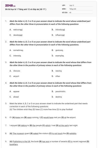 Đề thi học kì 1 Tiếng anh 12 có đáp án( đề 17 )