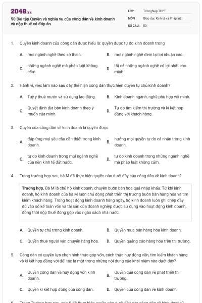 50 Bài tập Quyền và nghĩa vụ của công dân về kinh doanh và nộp thuế có đáp án