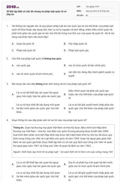 40 Bài tập Một số vấn đề chung về pháp luật quốc tế có đáp án
