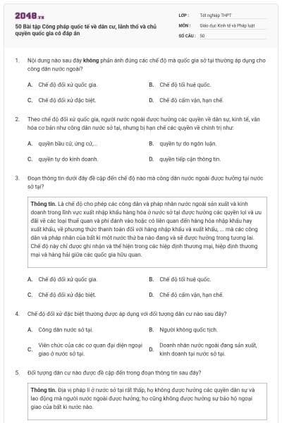 50 Bài tập Công pháp quốc tế về dân cư, lãnh thổ và chủ quyền quốc gia có đáp án