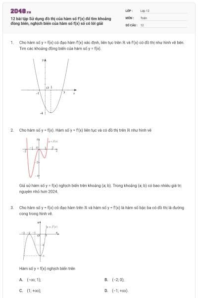 12 bài tập Sử dụng đồ thị của hàm số f'(x) để tìm khoảng đồng biến, nghịch biến của hàm số f(x) số có lời giải