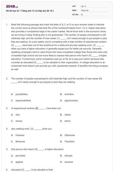 Đề thi học kì 1 Tiếng anh 12 có đáp án( đề 18 )