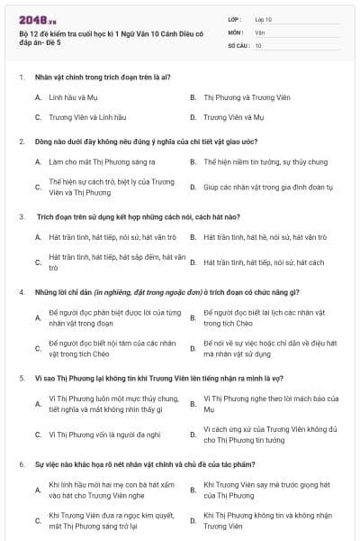 Bộ 12 đề kiểm tra cuối học kì 1 Ngữ Văn 10 Cánh Diều có đáp án- Đề 5