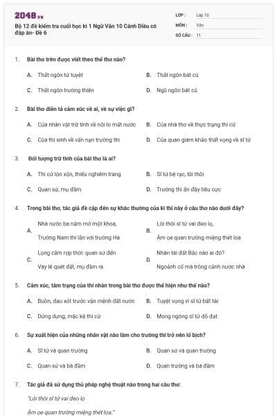Bộ 12 đề kiểm tra cuối học kì 1 Ngữ Văn 10 Cánh Diều có đáp án- Đề 6