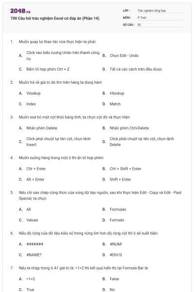 700 Câu hỏi trắc nghiệm Excel có đáp án (Phần 14)