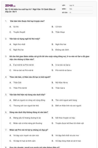Bộ 12 đề kiểm tra cuối học kì 1 Ngữ Văn 10 Cánh Diều có đáp án- Đề 9
