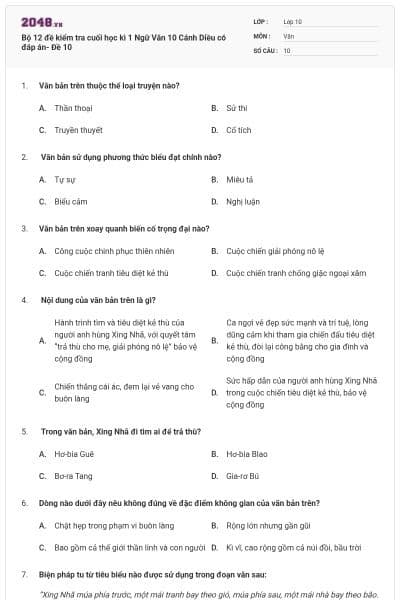 Bộ 12 đề kiểm tra cuối học kì 1 Ngữ Văn 10 Cánh Diều có đáp án- Đề 10