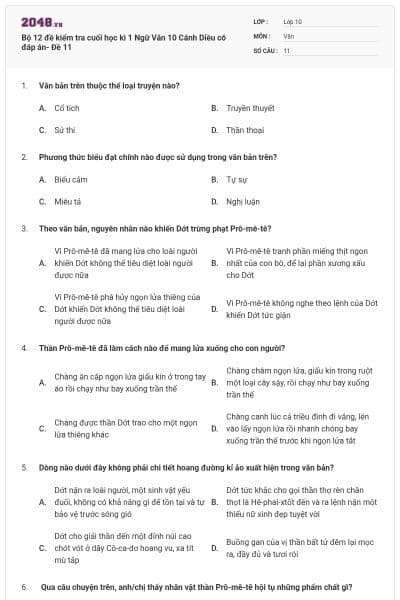 Bộ 12 đề kiểm tra cuối học kì 1 Ngữ Văn 10 Cánh Diều có đáp án- Đề 11
