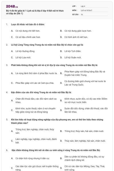 Bộ 4 đề thi giữa kì 1 Lịch sử & Địa lí lớp 4 Kết nối tri thức có đáp án (Đề 1)