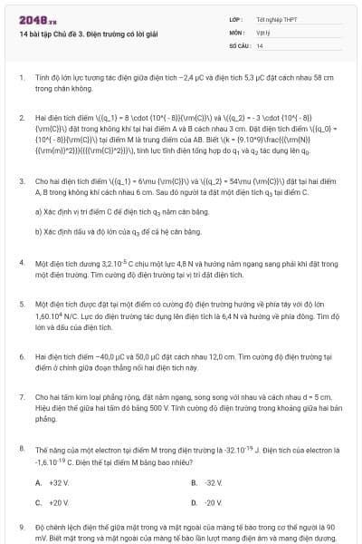 14 bài tập Chủ đề 3. Điện trường có lời giải