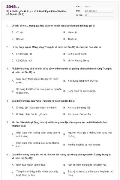 Bộ 4 đề thi giữa kì 1 Lịch sử & Địa lí lớp 4 Kết nối tri thức có đáp án (Đề 2)