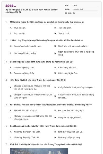 Bộ 4 đề thi giữa kì 1 Lịch sử & Địa lí lớp 4 Kết nối tri thức có đáp án (Đề 3)