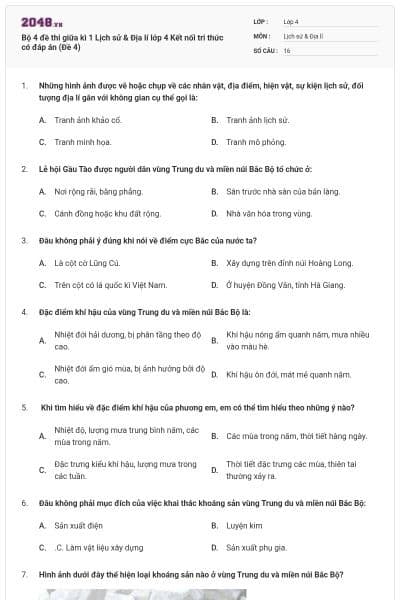 Bộ 4 đề thi giữa kì 1 Lịch sử & Địa lí lớp 4 Kết nối tri thức có đáp án (Đề 4)