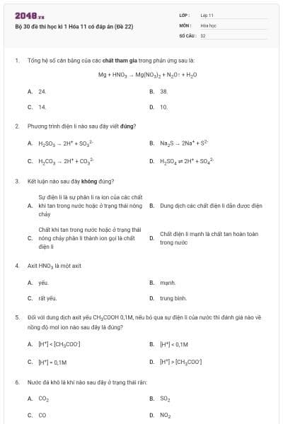 Bộ 30 đề thi học kì 1 Hóa 11 có đáp án (Đề 22)