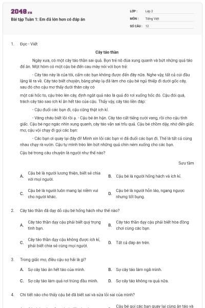 Bài tập Tuần 1: Em đã lớn hơn có đáp án