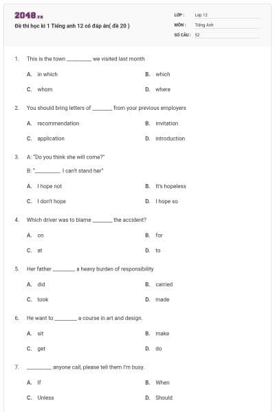 Đề thi học kì 1 Tiếng anh 12 có đáp án( đề 20 )