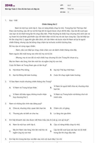 Bài tập Tuần 2: Em đã lớn hơn có đáp án