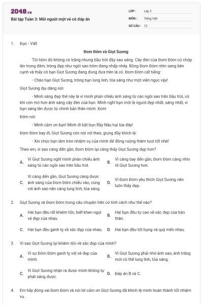 Bài tập Tuần 3: Mỗi người một vẻ có đáp án