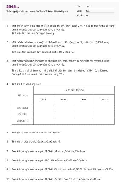 Trắc nghiệm bài tập theo tuần Toán 7-Tuần 25 có đáp án