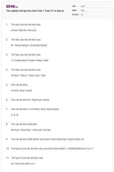 Trắc nghiệm bài tập theo tuần Toán 7-Tuần 27 có đáp án