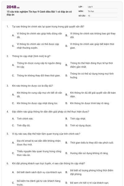 15 câu trắc nghiệm Tin học 9 Cánh diều Bài 1 có đáp án có đáp án