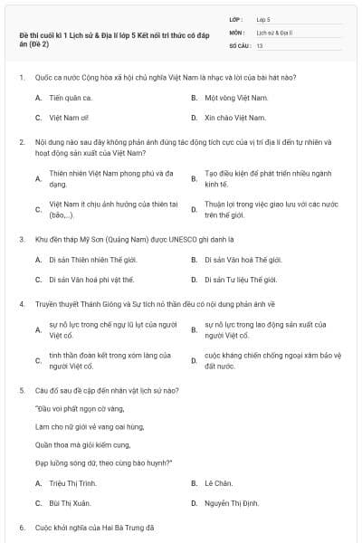 Đề thi cuối kì 1 Lịch sử & Địa lí lớp 5 Kết nối tri thức có đáp án (Đề 2)