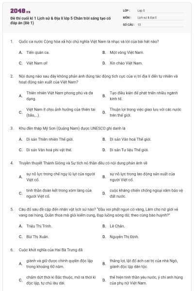 Đề thi cuối kì 1 Lịch sử & Địa lí lớp 5 Chân trời sáng tạo có đáp án (Đề 1)