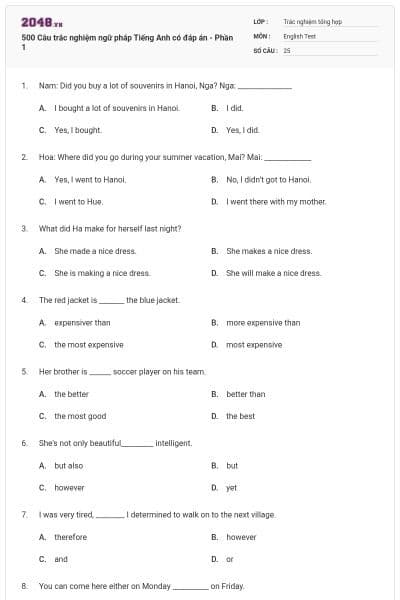 500 Câu trắc nghiệm ngữ pháp Tiếng Anh có đáp án - Phần 1