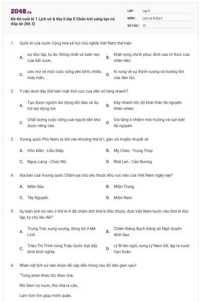 Đề thi cuối kì 1 Lịch sử & Địa lí lớp 5 Chân trời sáng tạo có đáp án (Đề 3)