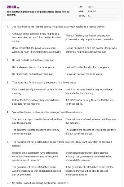 250 câu trắc nghiệm Câu đồng nghĩa trong Tiếng Anh cơ bản (P6)