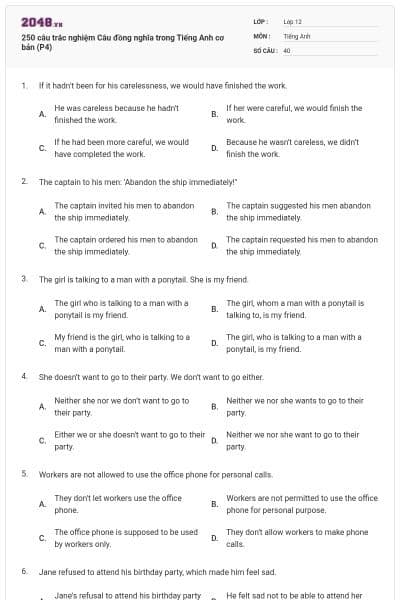 250 câu trắc nghiệm Câu đồng nghĩa trong Tiếng Anh cơ bản (P4)