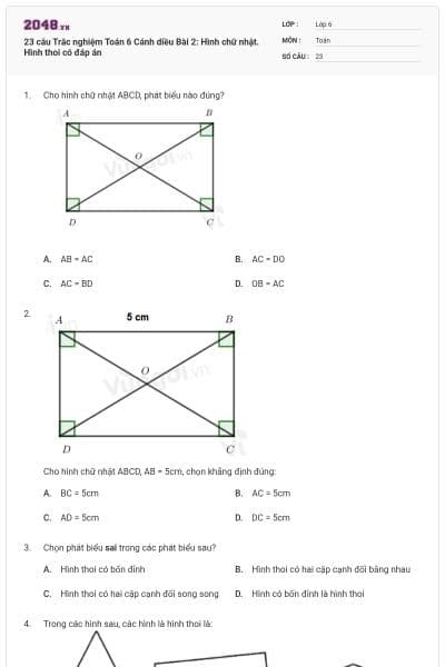 23 câu Trắc nghiệm Toán 6 Cánh diều Bài 2: Hình chữ nhật. Hình thoi có đáp án
