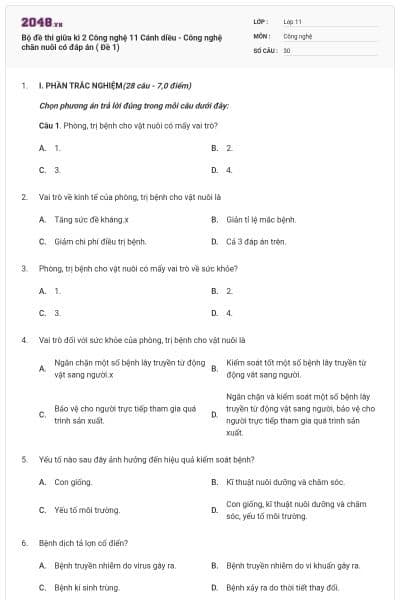 Bộ đề thi giữa kì 2 Công nghệ 11 Cánh diều - Công nghệ chăn nuôi có đáp án ( Đề 1)