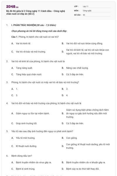 Bộ đề thi giữa kì 2 Công nghệ 11 Cánh diều - Công nghệ chăn nuôi có đáp án (Đề 2)