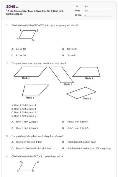 16 câu Trắc nghiệm Toán 6 Cánh diều Bài 3: Hình bình hành có đáp án