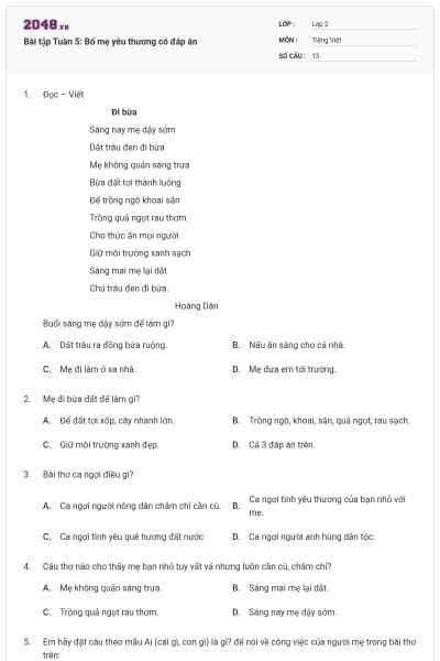 Bài tập Tuần 5: Bố mẹ yêu thương có đáp án