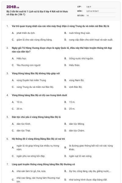 Bộ 3 đề thi cuối kì 1 Lịch sử & Địa lí lớp 4 Kết nối tri thức có đáp án ( Đề 1)