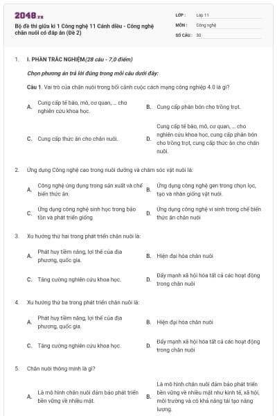 Bộ đề thi giữa kì 1 Công nghệ 11 Cánh diều - Công nghệ chăn nuôi có đáp án (Đề 2)
